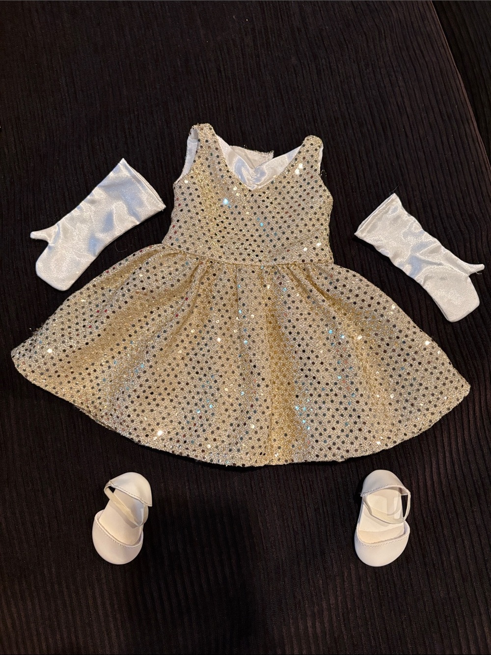 American Girl Doll Dancing Star Gold Sequin Dress Gloves White Shoes 18"